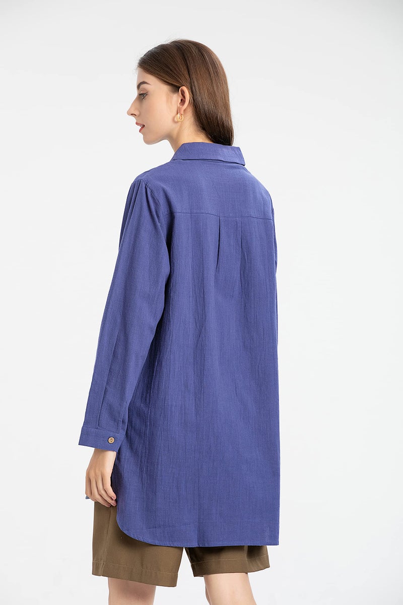 Minibee Women's Cotton Shirts Tunics Hi Low Tops Boyfriend Button Down Blouse Navy XL - Image 4